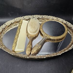 Elegant Gold Vanity Set with Mirror, Brush, and Comb